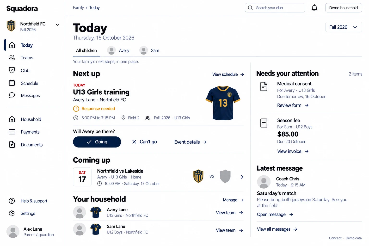 The Squadora web desk: a family's today view with next training, RSVP and items needing attention.