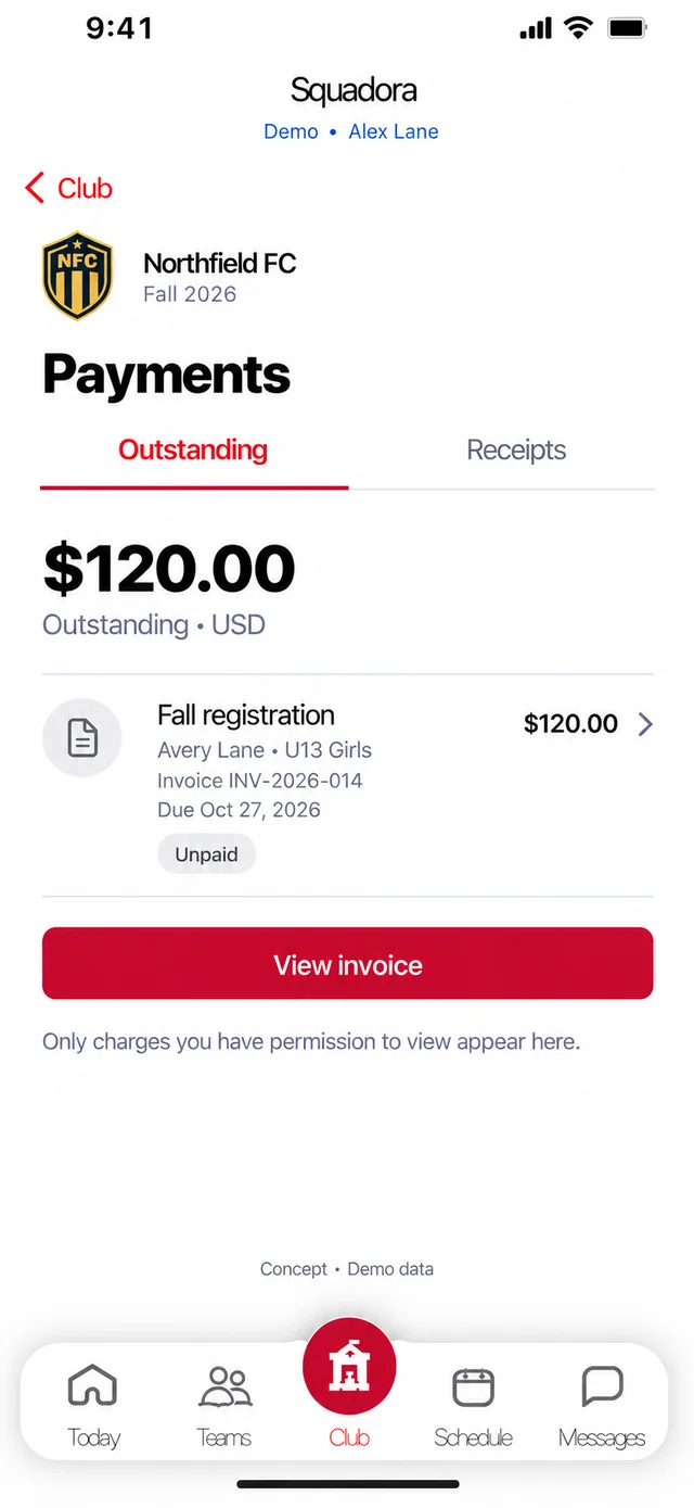 The payments screen with an outstanding fall registration fee.