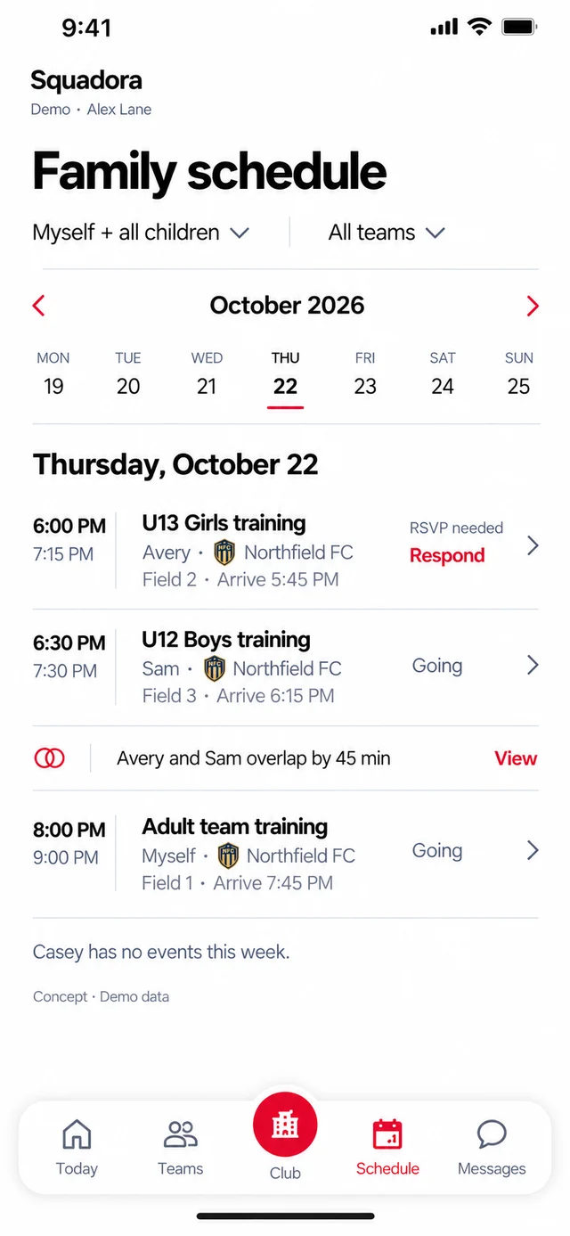 The family schedule with an overlap warning between two children's trainings.