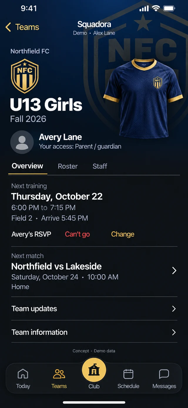 A team screen in the same club colors with the next training and next match.